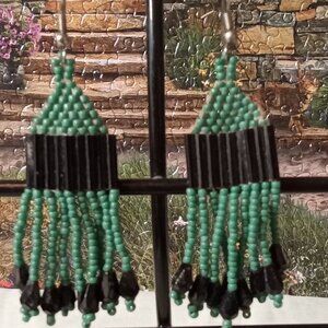 Hand Crafted  Black n Green Beaded Earrings
